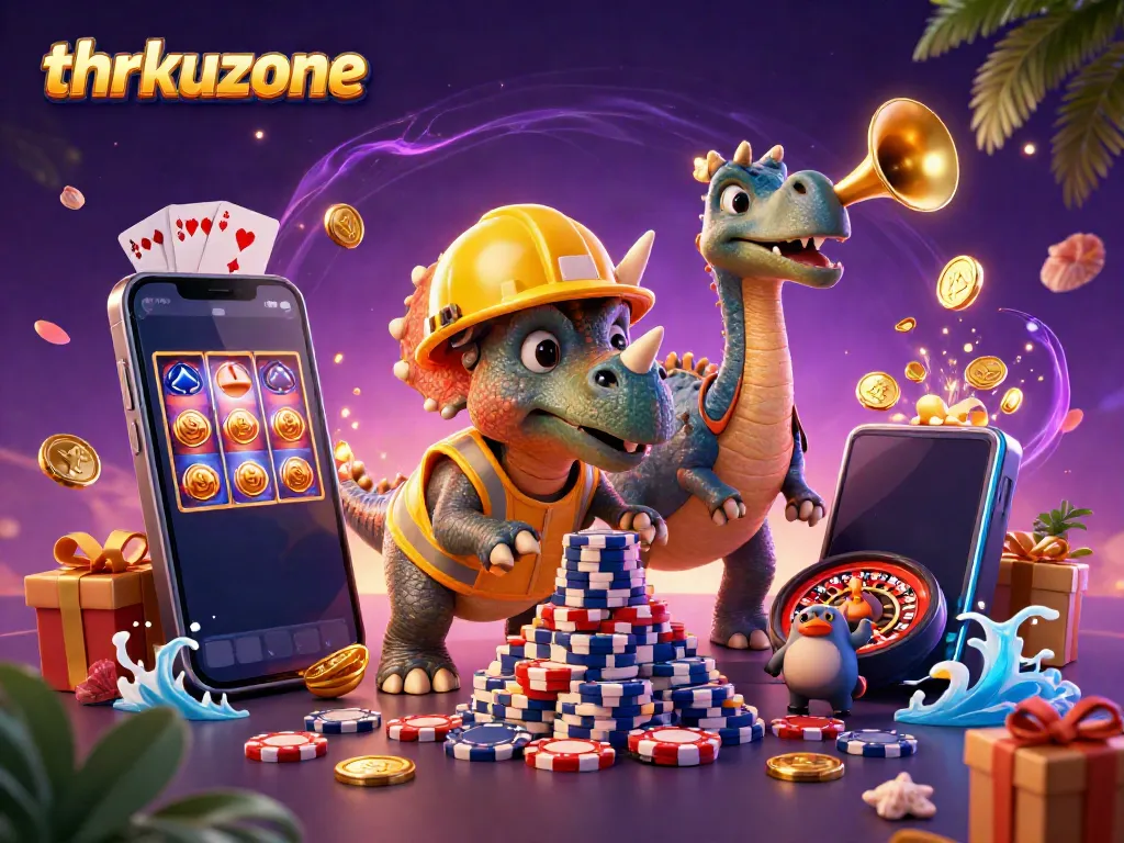 Engage in thrills with thrkuzone as triceratops builds poker chip pyramid amidst gaming excitement.