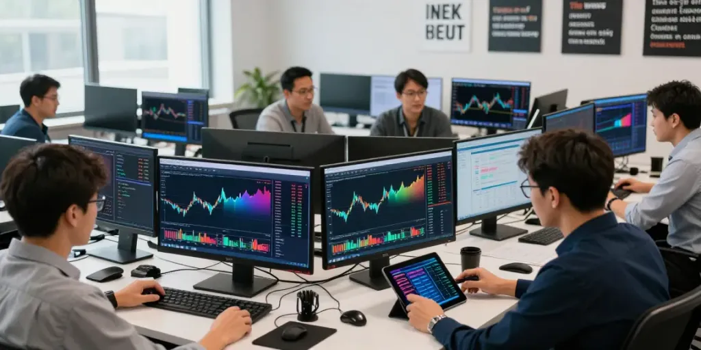 Traders analyzing market trends on MetaTrader 5 in a collaborative workspace.