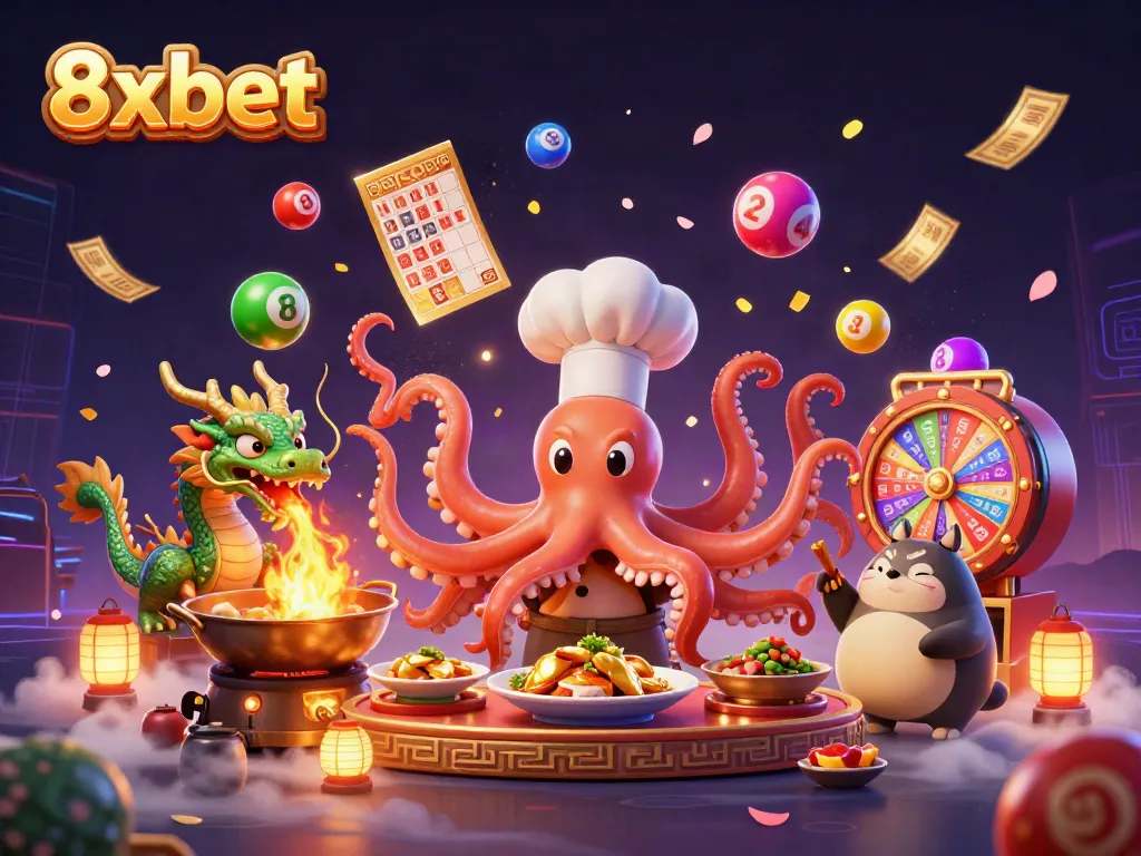 Engage in exciting gaming action with 8xbet, witnessing a lively scene of a sushi chef octopus and friends in an adventurous casino.
