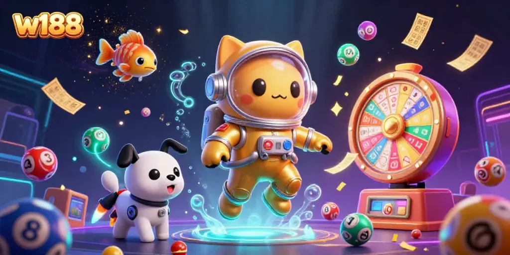 Engage in w188's thrilling casino universe with a floating astronaut cat, robot dog, and vibrant lottery elements.