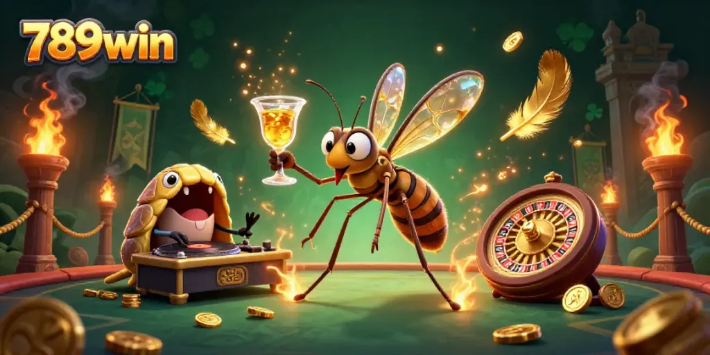 Engage with the vibrant 789win casino scene featuring a mosquito mascot, a trilobite DJ, and golden elements.