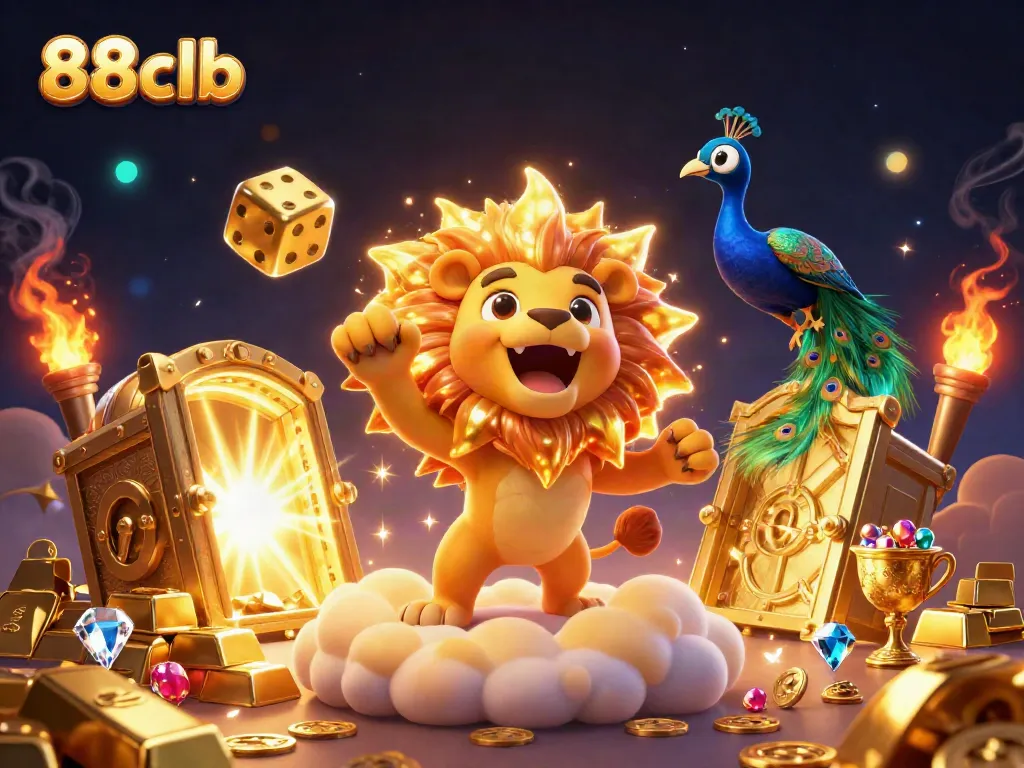 Play exciting games at 88clb, featuring winning symbols like golden dice, treasures, and vibrant elements.