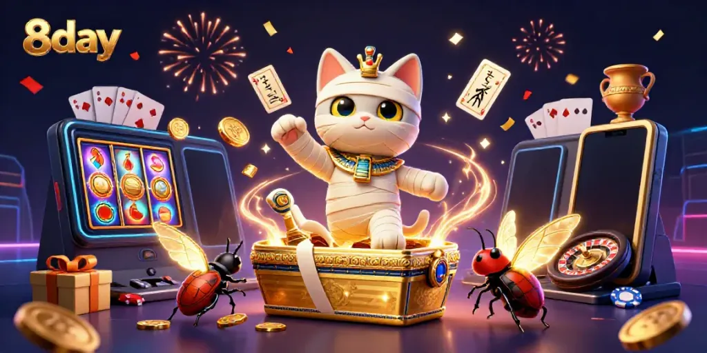 Experience the excitement of 8day gaming with a vibrant Egyptian casino scene featuring a dynamic mummy cat.