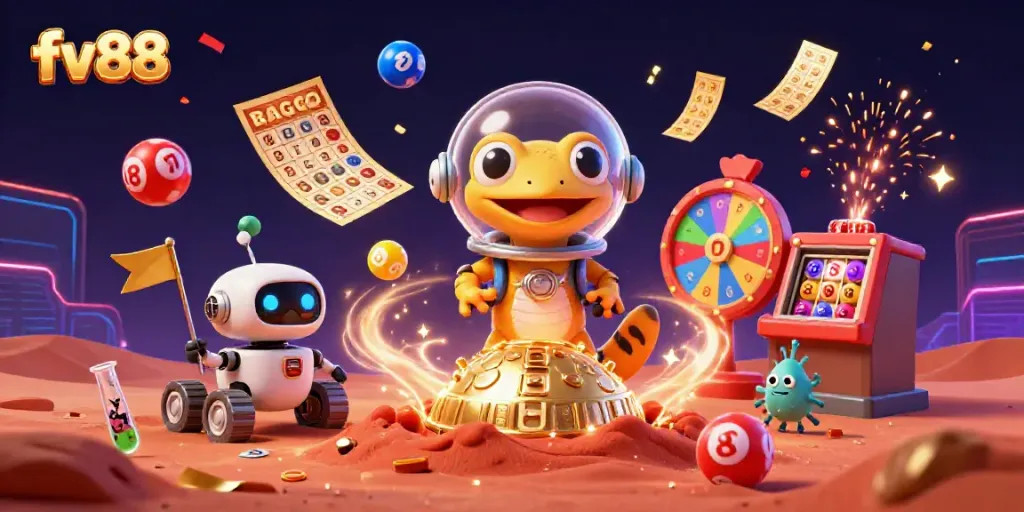 Experience the vibrant casino world with fv88's Martian gecko discovering treasures on Mars.