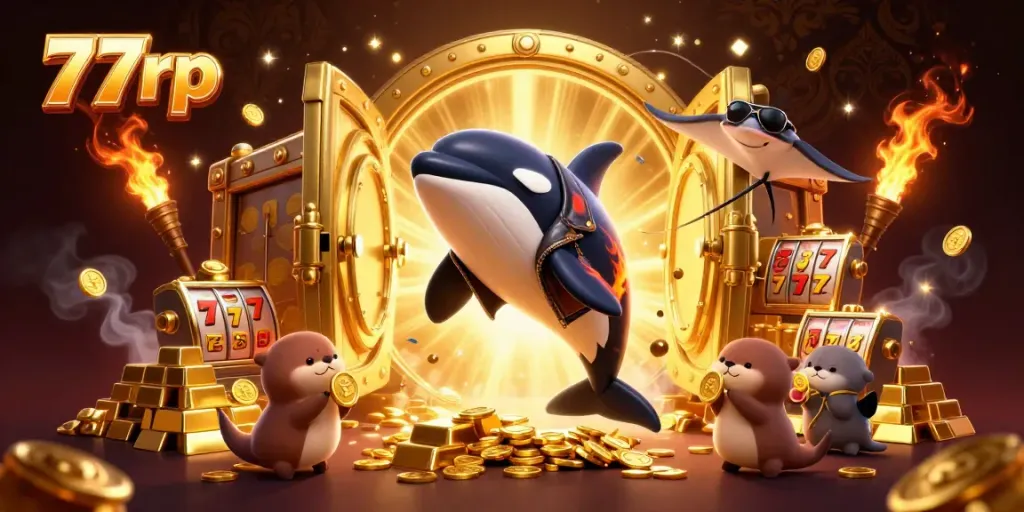 Players enjoy 77rp's thrilling slots with cartoon characters engaging in a vibrant casino scene.