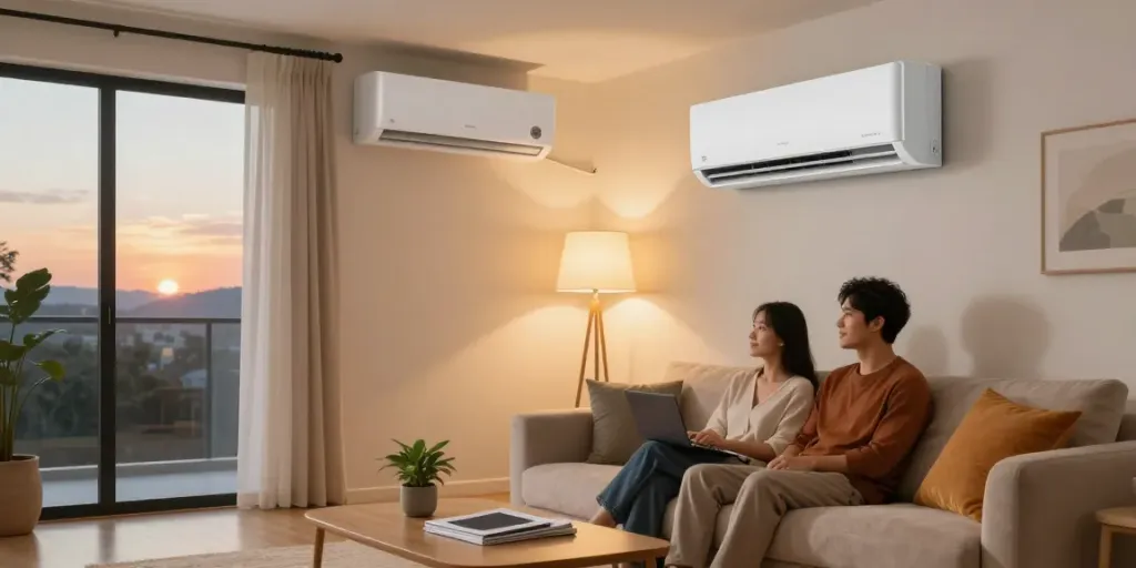 Cozy living room with a mini split AC system ensuring comfort during a sunset.