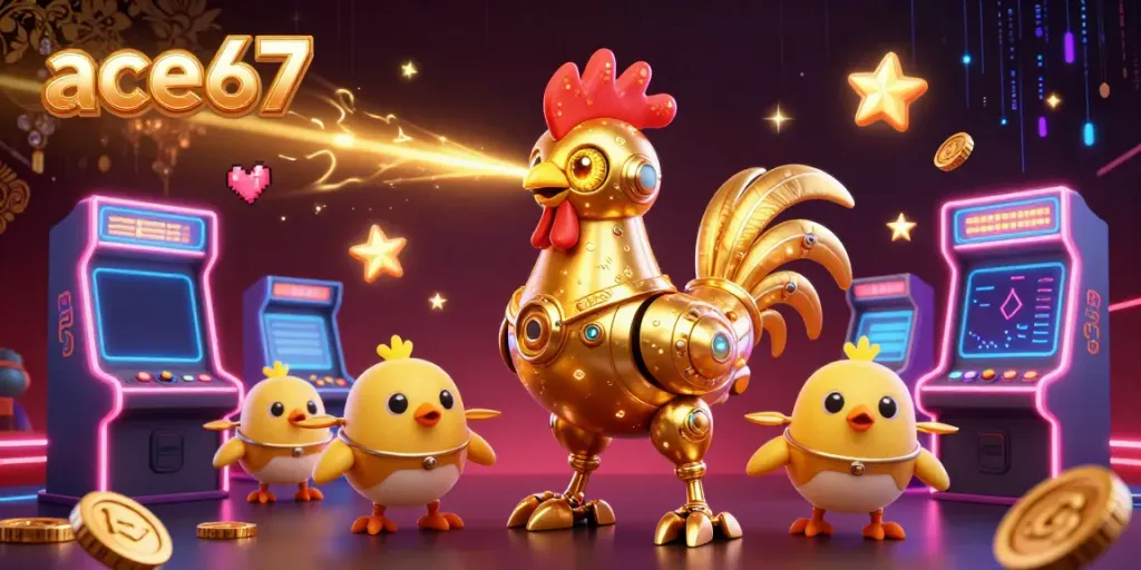 Experience immersive gameplay with ace67 featuring a golden rooster robot in a rich casino environment.