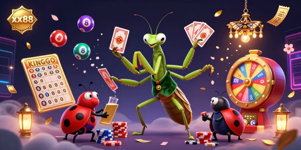 xx88 showcases an enchanting casino scene with a praying mantis dealer, ladybug pit boss, and vibrant lottery elements.