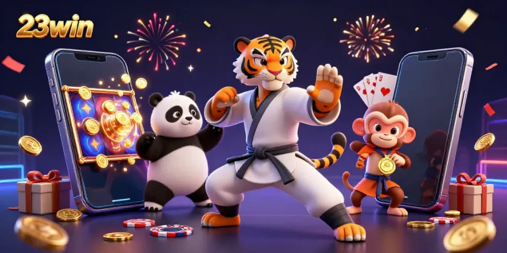 Experience exciting gameplay with 23win, as a kung fu tiger and friends celebrate wins in a colorful casino.