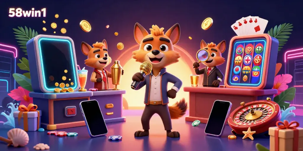 Join the fun at 58win1 with hyenas running a lively casino club, showcasing colorful slot games.