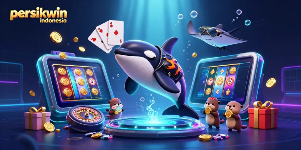 Gambarkan persikwin indonesia dengan orca, ikan pari, dan berang-berang laut memegang koin emas.