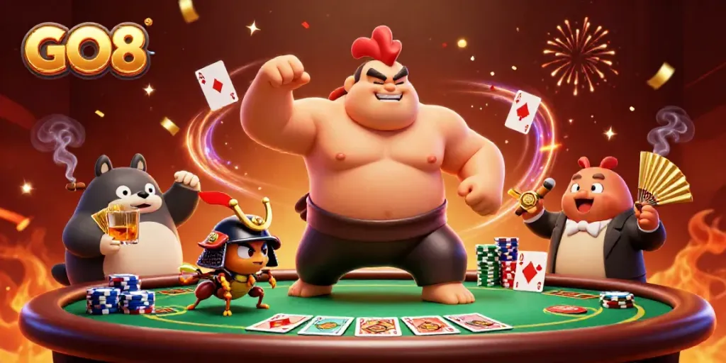 Engage in thrilling gaming action with GO8 at an intense poker table featuring vibrant characters.