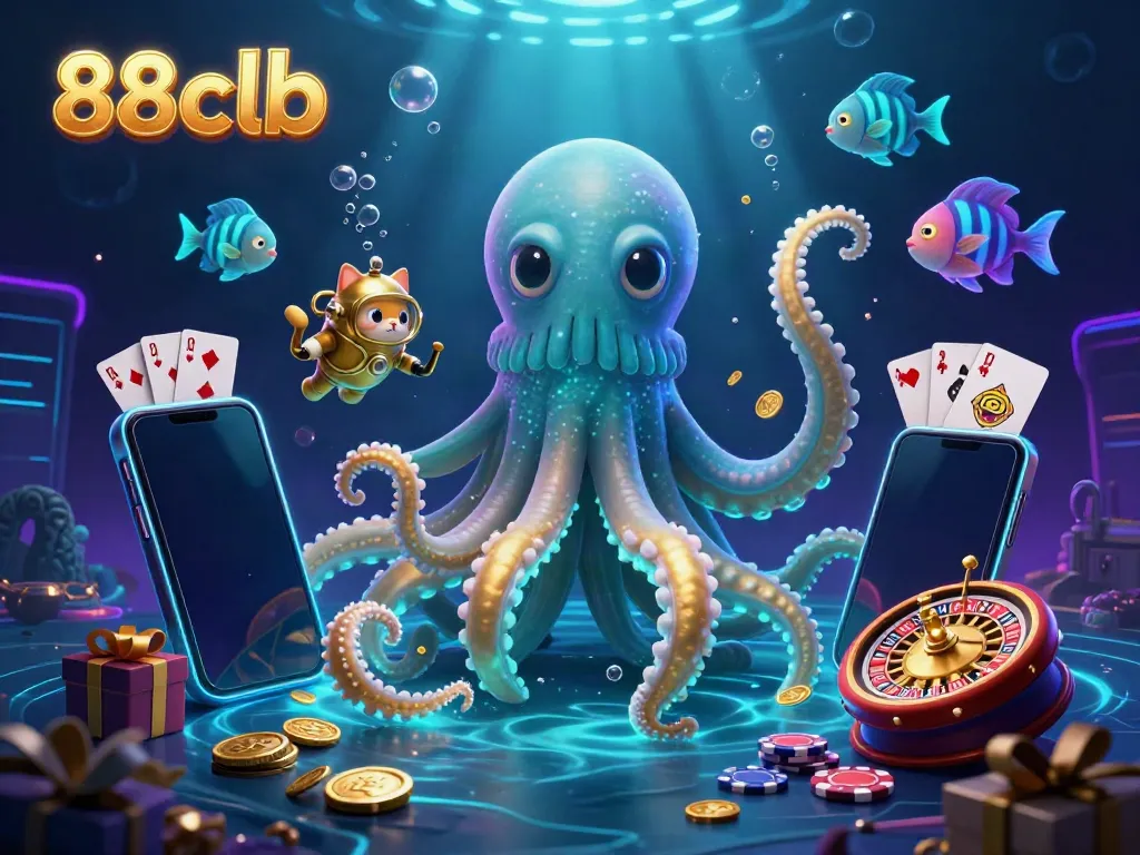 Engage in thrilling gameplay at 88clb with a kraken and diving cat surrounded by vivid casino elements.