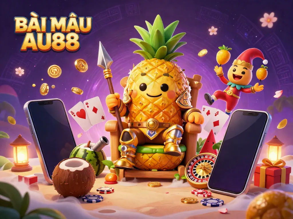 BÀI MẬU BINH AU88 brings excitement with a golden pineapple king in a vibrant casino scene.