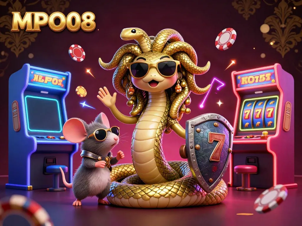 MPO08 live casino experience with fun characters amidst colorful slot machines and game elements.