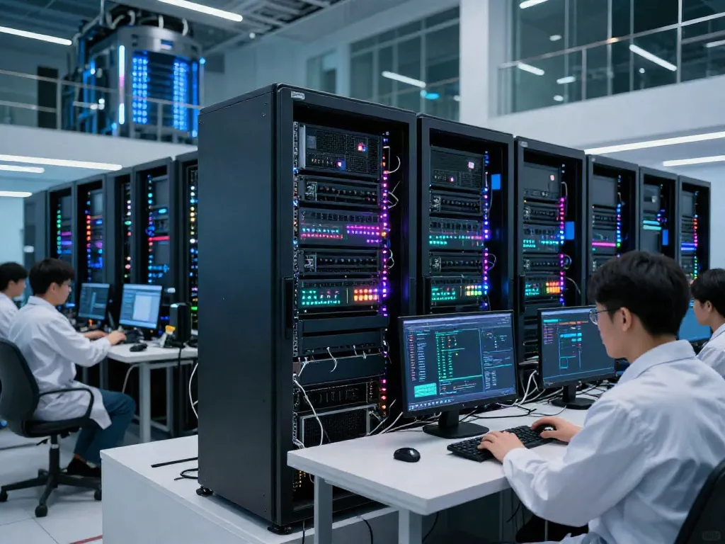 Advanced AI data center with GPU servers and engineers analyzing data metrics.