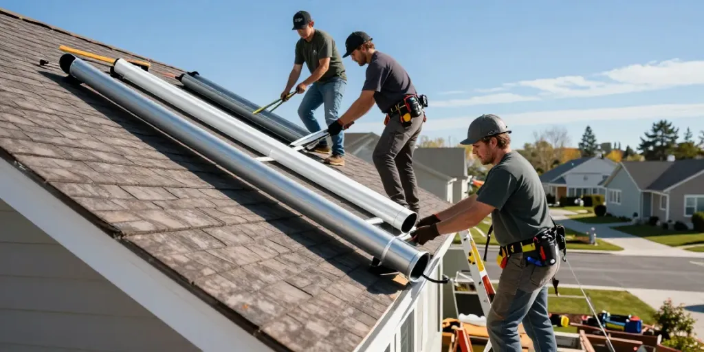 Spokane gutter company team installing seamless gutters on a home, showcasing professional craftsmanship.