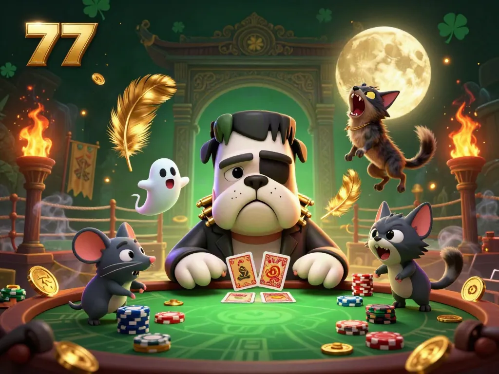 77 showcasing a lively casino scene with a colorful bulldog dealer and swirling golden details.