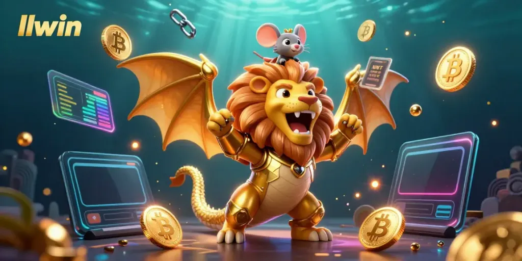 Engage with llwin's exciting gaming universe featuring a heroic chimera character amid vibrant crypto elements.