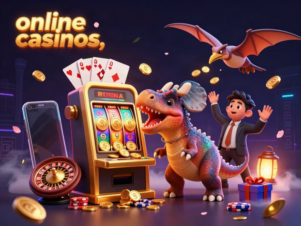 Experience thrilling entertainment at online casinos with cartoon dinosaurs winning jackpots.