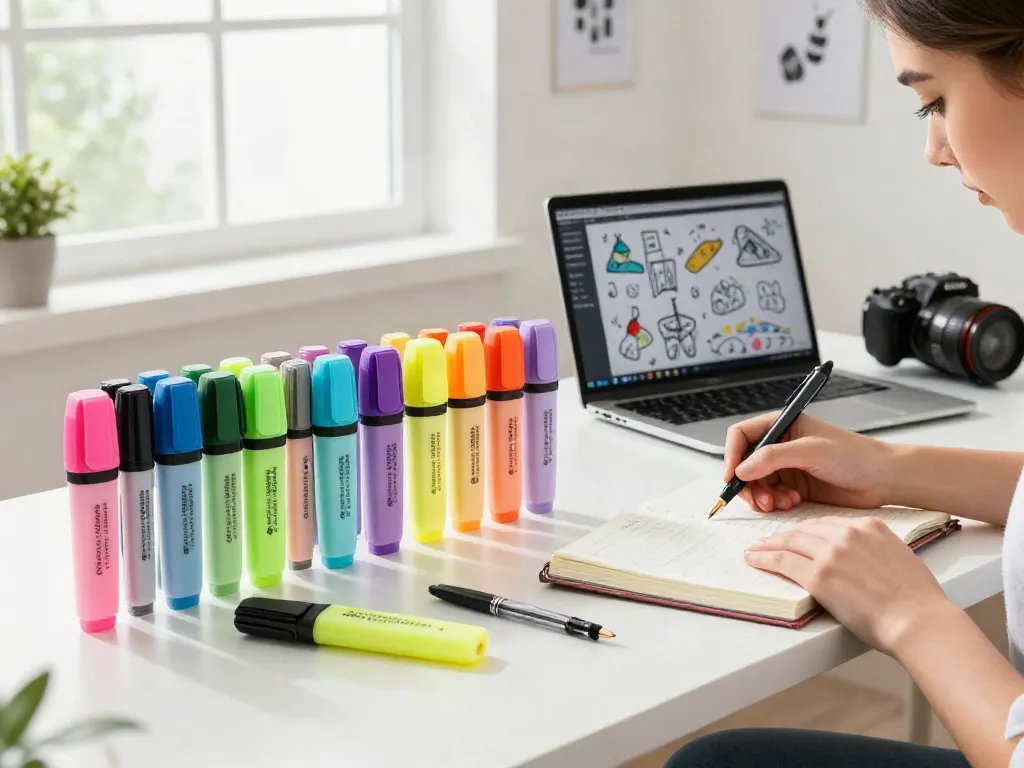 Vibrant highlighters from a leading highlighter manufacturer displayed on a chic desk.