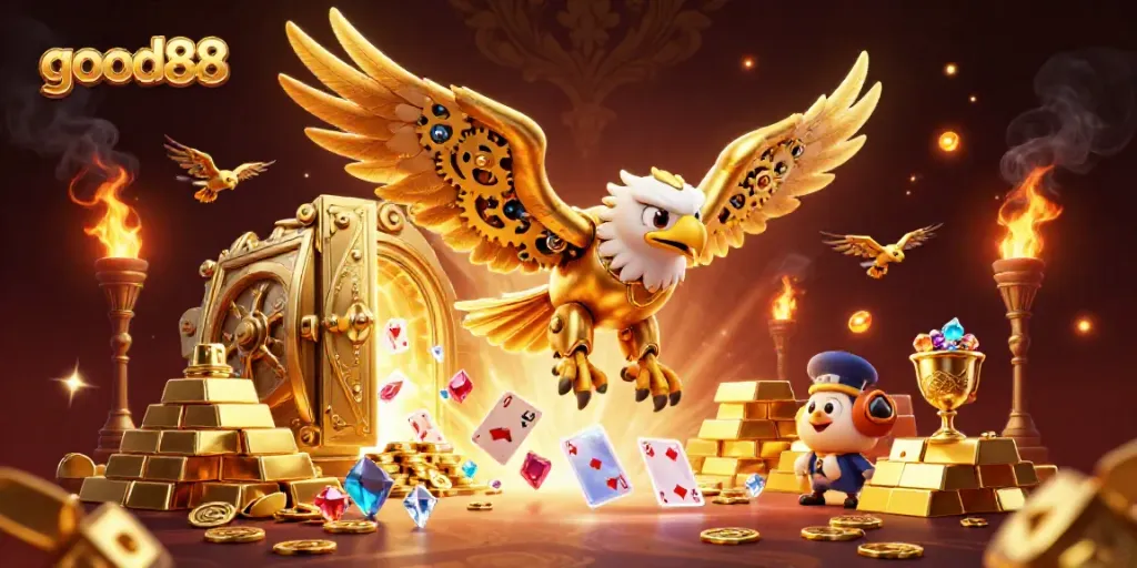 Engage with thrilling slots at good88, featuring a dynamic eagle gaming amidst treasures.