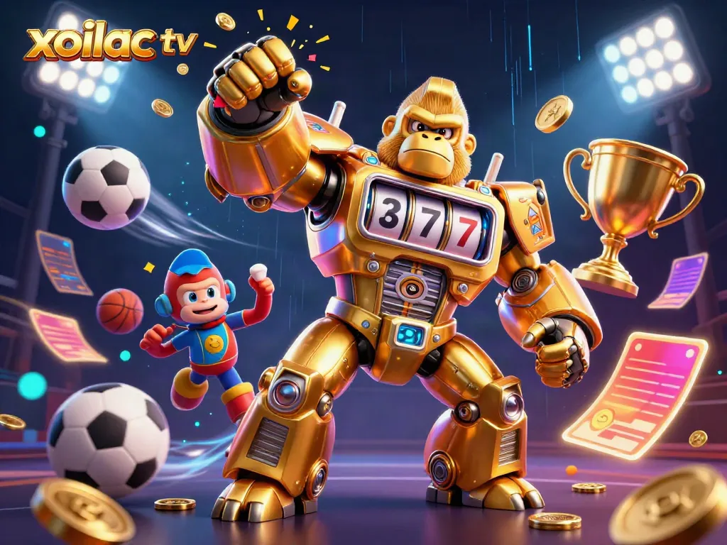 Xoilac TV showcases a thrilling betting scenario with a golden mech and sports elements for gamblers.