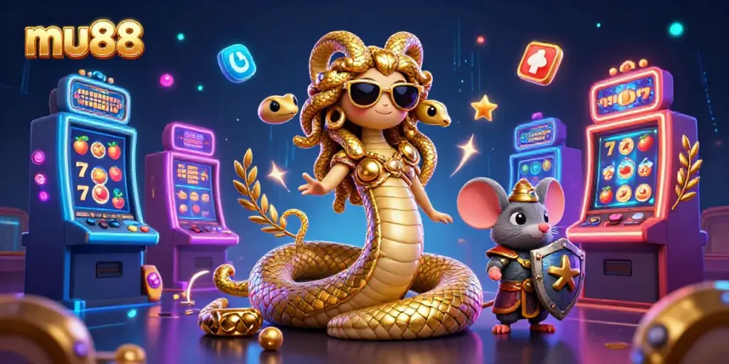 Players enjoy exciting slot games with mu88 in a vibrant casino scene featuring colorful machines and friendly characters.