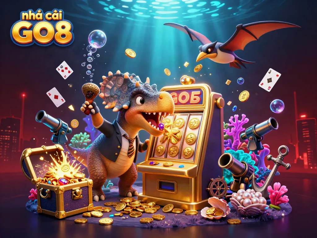 Experience exciting wins at Nhà cái GO8 with a thrilling digital casino scene featuring cartoon dinosaurs and slot machines.