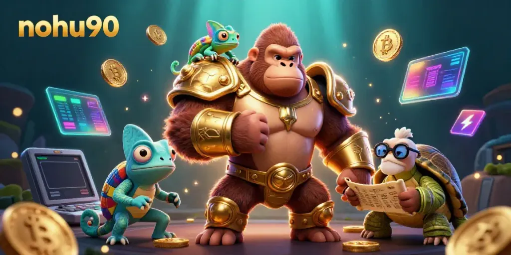 Experience the vibrant world of nohu90 with a powerful gorilla king and his colorful companions amidst glimmering cryptocurrency elements.