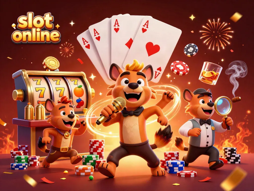 Experience the excitement of slot online with animated hyenas in a vibrant casino scene.