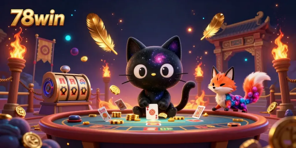 Engage in cosmic gaming with 78win featuring adorable characters at a vibrant casino table.