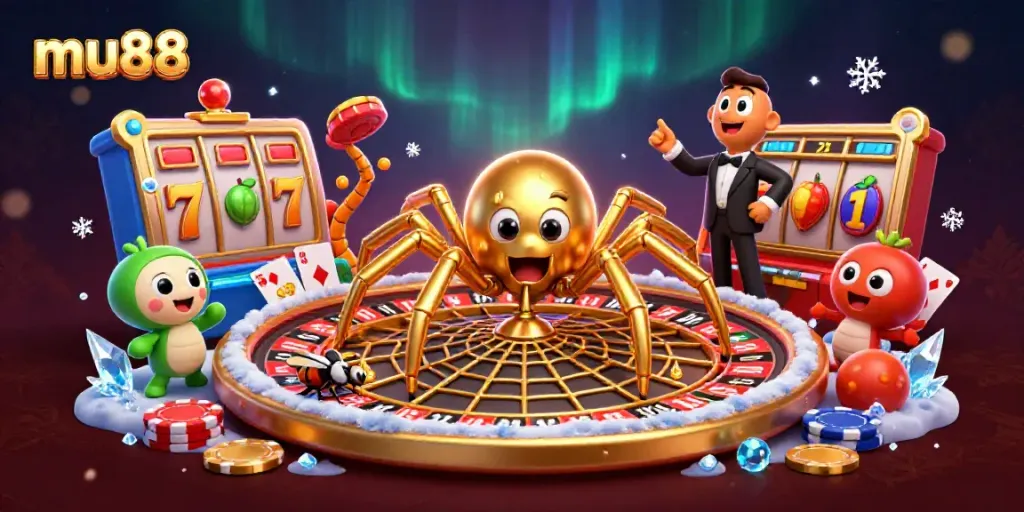 Engage with mu88 slot games featuring golden spiders, roulette wheels, and colorful casino elements.