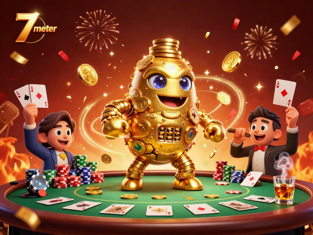 Join the excitement at 7 meter with our animated golden golem amidst poker chips and vibrant casino elements.