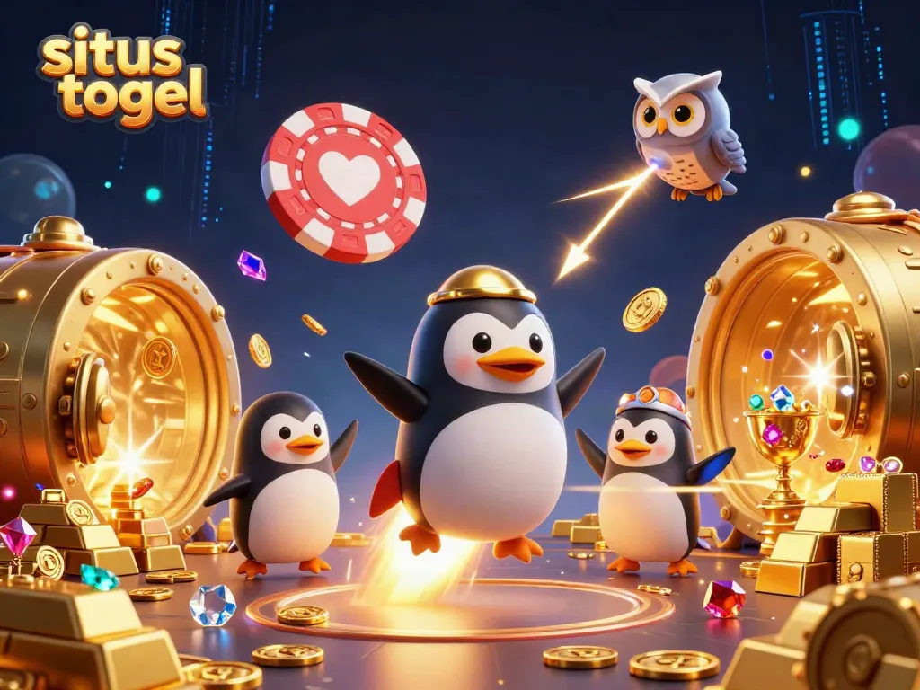Engage with situs togel through an animated scene of a golden penguin and a poker chip space station.