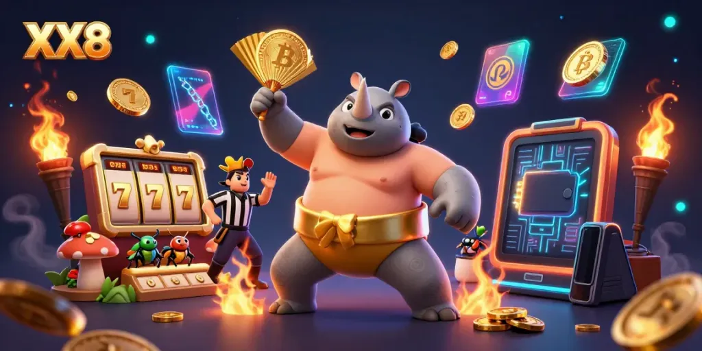 Experience the exciting gameplay of XX8 with a vibrant illustration featuring a rhinoceros beetle sumo champion surrounded by dynamic casino elements.