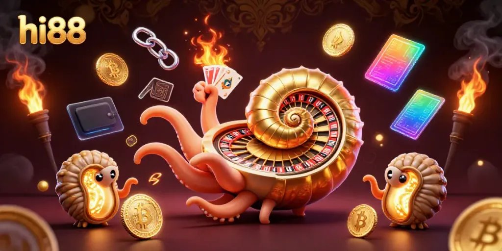 Experience thrilling games at hi88 with a giant nautilus, roulette wheel, and glowing NFTs.