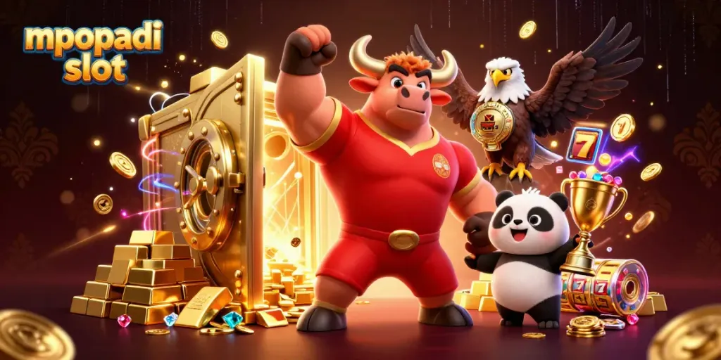 Spin and win at mpopadi slot, where a victory-themed cartoon bull mascot celebrates with gems and gold.