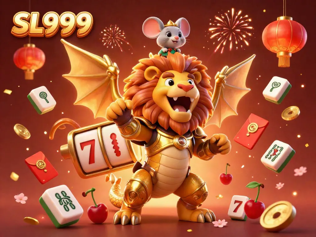 Experience the excitement of SL999 with an armored chimera and vibrant casino elements.