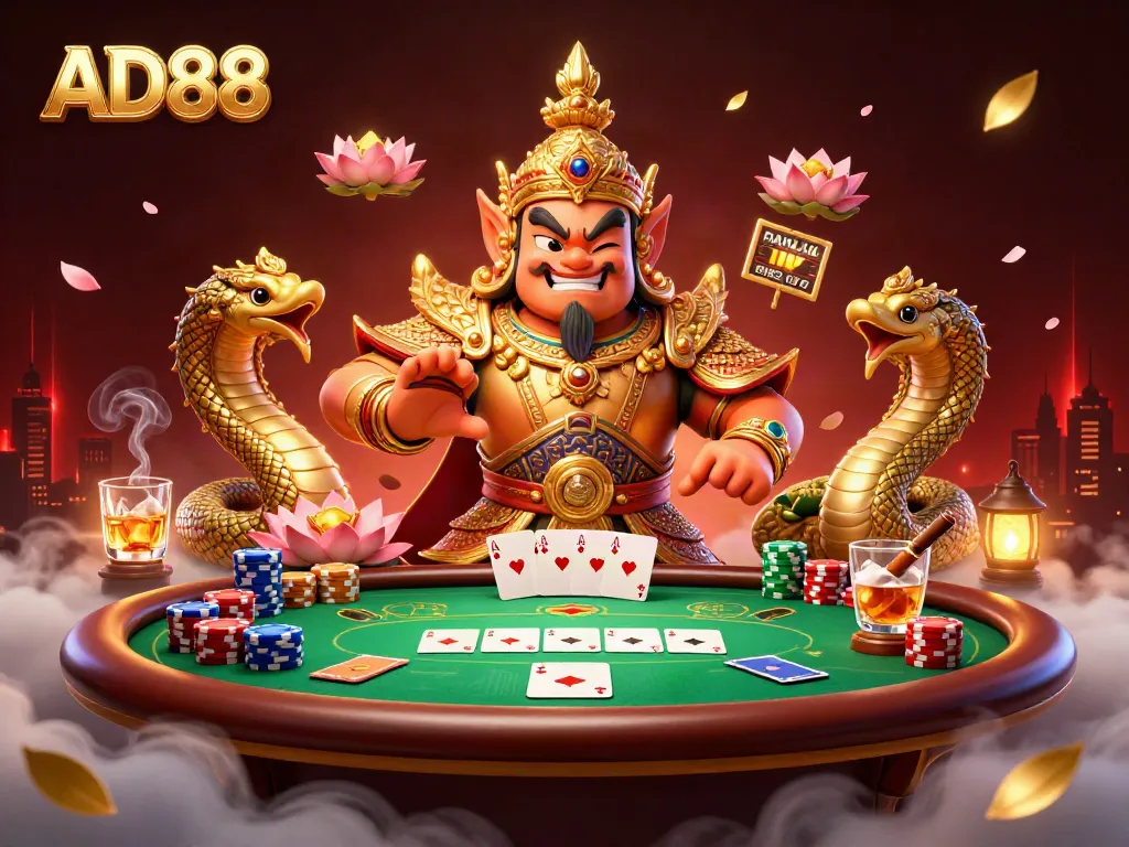 Experience the thrill of AD88 online gambling with vibrant casino characters at a poker table.