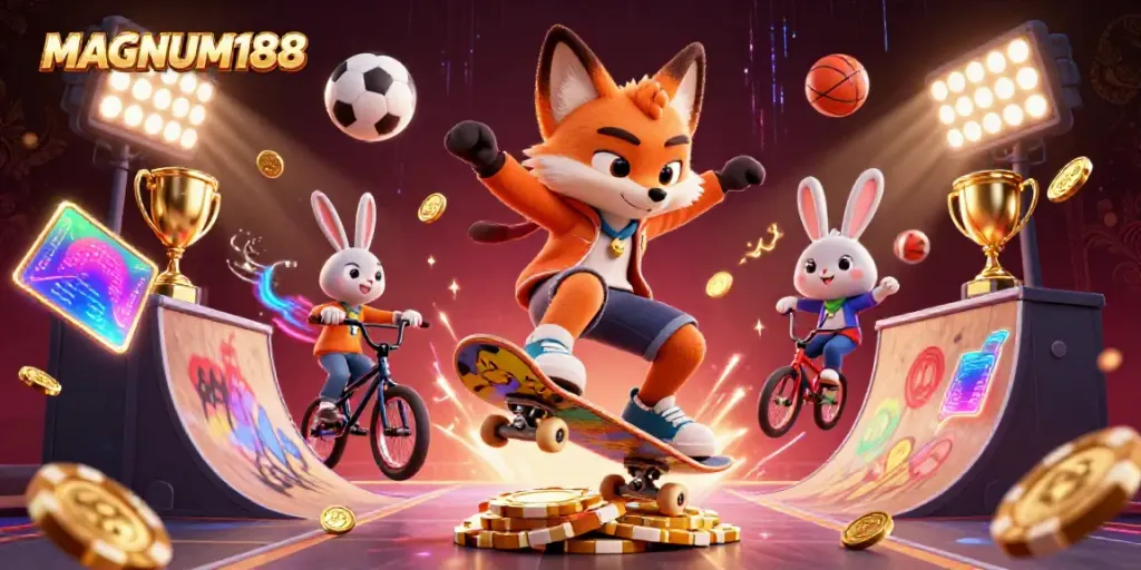 Experience the excitement of MAGNUM188 with vibrant casino-themed illustration featuring dynamic characters and sports elements.
