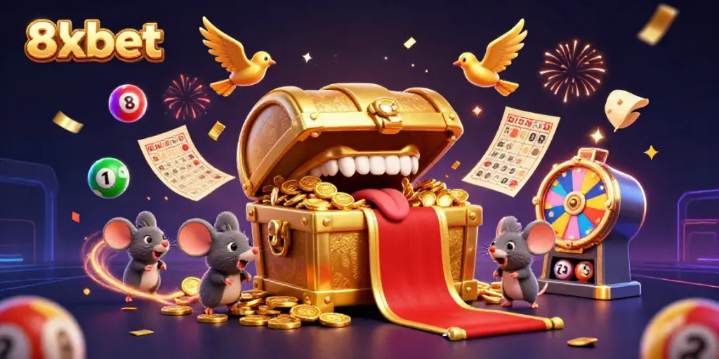 Experience the thrill of winning with 8xbet's exciting games featuring lottery balls and treasure chests.