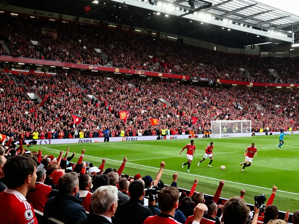 Intense moment from the Manchester United vs. Liverpool match showcasing passionate fans and dynamic gameplay, highlighting the rivalry's history.