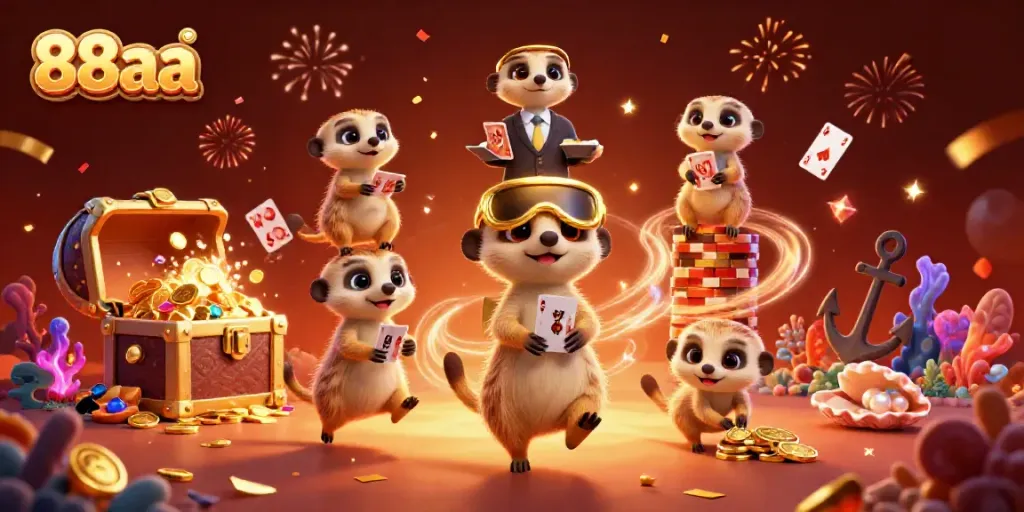 Join the excitement at 88aa's dynamic casino scene featuring meerkats managing games amidst treasure and confetti.
