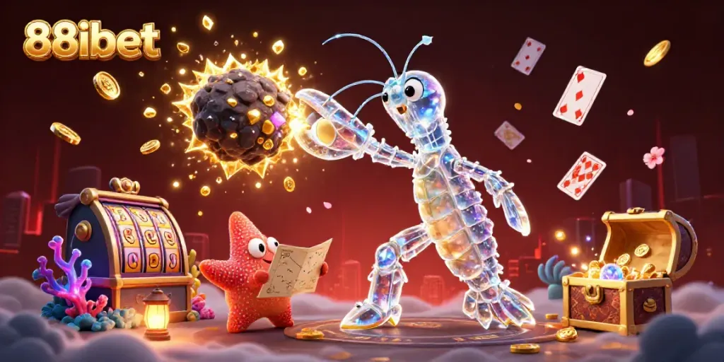 Experience adventure with 88ibet in a vibrant 3D casino scene bursting with gems and action.