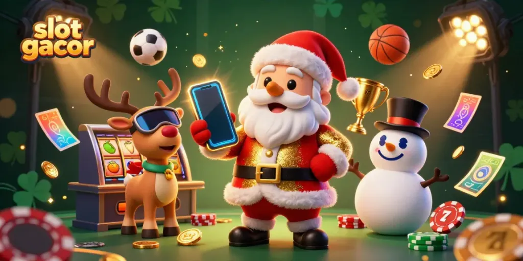 Engage in slot gacor excitement with Santa and friends celebrating jackpot wins in a colorful casino.