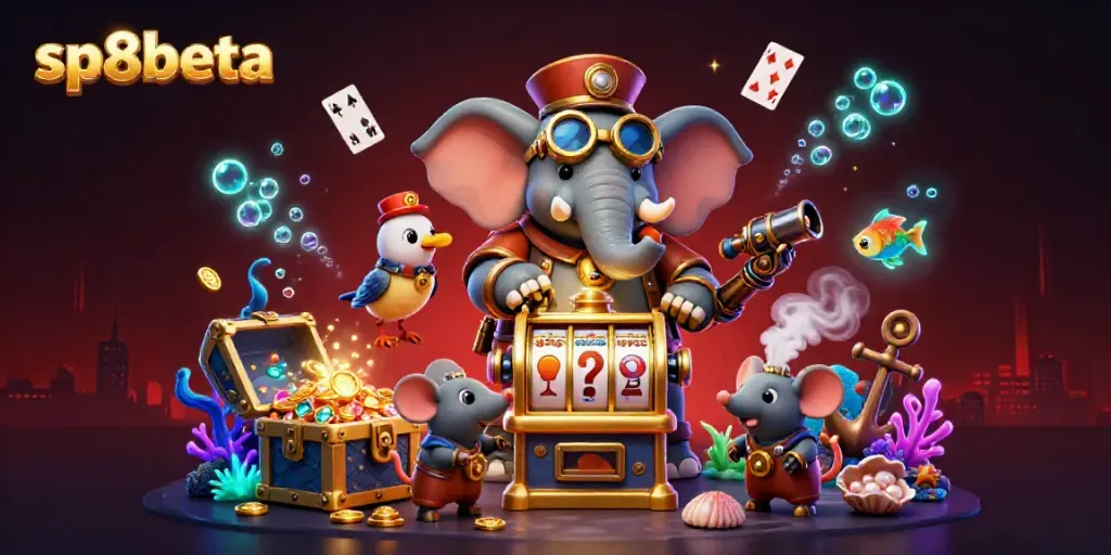 Experience thrilling slots at sp8beta with a steampunk elephant operating a gold slot machine amidst underwater treasures.