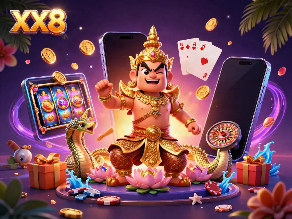 Experience thrilling gameplay at XX8 with dynamic slot games, gold coins, and vivid casino elements.