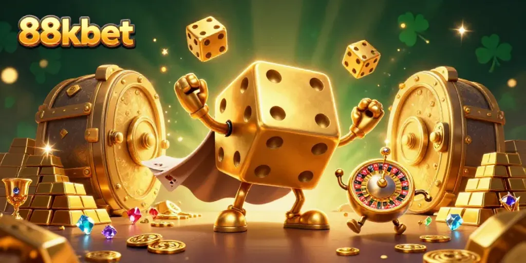 88kbet showcases a lively 3D casino scene featuring golden dice golem juggling, symbolizing thrilling gaming action.