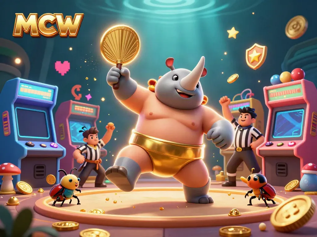 MCW themed playful casino illustration with a sumo beetle champion and glowing gaming elements.
